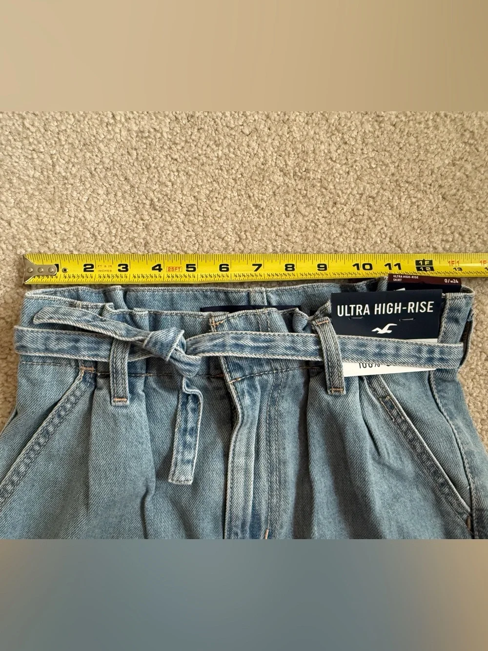 Hollister Women’s Medium Wash Paper-bag Style Ultra High-Rise Denim Skirt